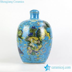 RYQQ54    blue ground famille rose hand paint Chinese fancy lions playing with silk ball pattern ceramic vase with lid