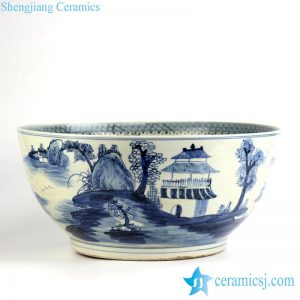 RZFH07   Blue and white hand paint airy pavilions and pagodas pattern plump ceramic bowl