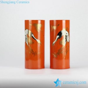 RZJD04-4   Vertical tube shape China red golden pleated crane ceramic couple vase for wedding