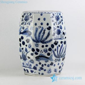 RYNQ195     Hexagon shape blue and white hand paint fish and water weed pattern Jingdezhen porcelain bathroom stool