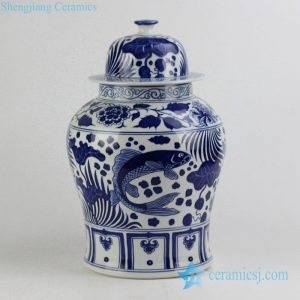 RYNQ196-C      Dark blue color carp and lotus leaf pattern ceramic ginger jar
