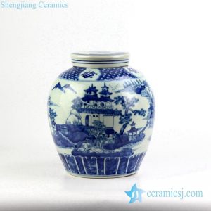 RYVM24   Blue and white hand paint pavilion ceramic container jar