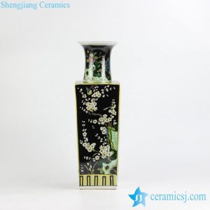 RZJH04     Black ground hand paint blue bird and plum blossom pattern ceramic square shape vase