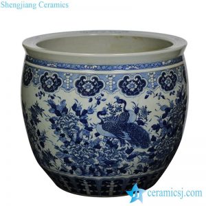 RZJM01   Under glaze blue high temperature fired peacock peony pattern extra large porcelain fish bowl