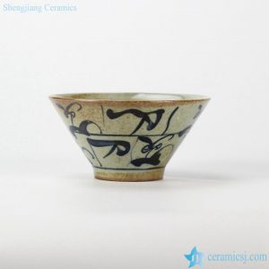 RZJS01  Crude clay material hand paint blue and white Chinese calligraphy old style ceramic soup bowl