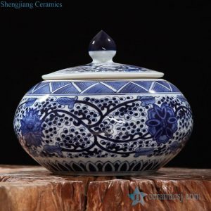 RZFQ08      round belly art craft floral under glaze blue porcelain cookie jar