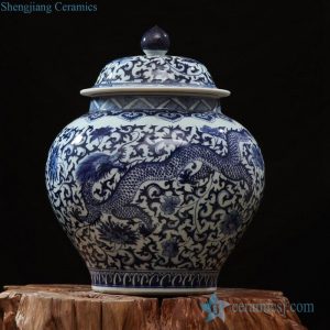 RZFQ23    Asian design blue and white dragon floral pattern ceramic ginger jar with large belly