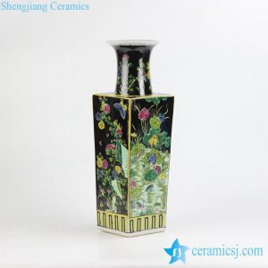 RZJH04          Hand paint black background square shape butterfly floral famille rose porcelain vase