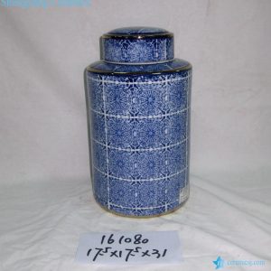 RZKA161080     Gold line plated blue and white floral exotic porcelain jar