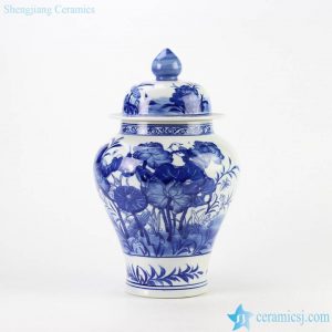 RYCI39   Blue and white hand paint bird and lotus leaf pattern ceramic temple jar