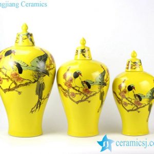 RYKB145    Set of three bird plumb flower mark yellow temple jar