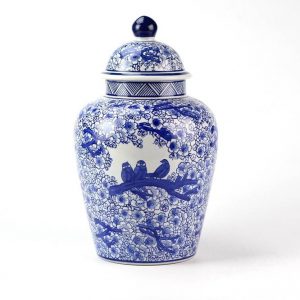 RYPU15-D    Warm and sweet floral crowed bird family mark cobalt and white ceramic ginger jar