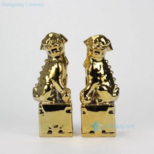 RYJZ16   Gold plated shinny ceramic foo dog sculpture in pairs