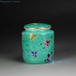 RYMY22  Air tighten gold rim green famille rose hand paint butterfly pattern ceramic tin jar for tea leaf
