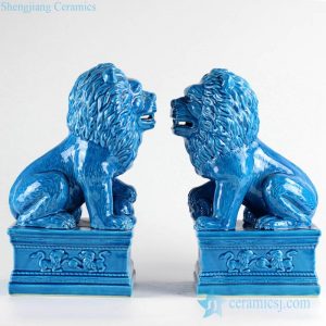 RYXZ11    China gate warrior blue ceramic squat lions statues book end