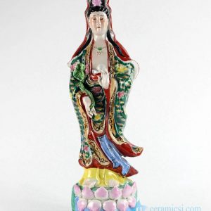 RYXZ15     Famille rose buddism godness Guanyin standing on lotus throne figurine