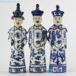 RZKC16      Medium size old style set of 3 blue and white emperors ceramic figurines