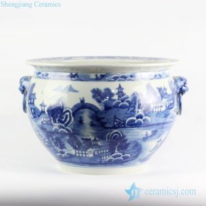 RYLU105    Lion handles blue and white hand paint landscape boutique china ware ceramic water pot