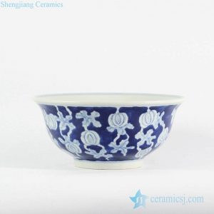 RYLU107-c     Asian design blue color body white water melon pattern hand drawing large size porcelain ceramic bowl