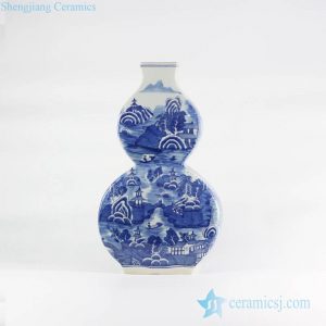 RYLU108-C    Flat calabash shape  blue and white hand drawing Chinese town pattern ceramic vase