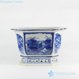 RYLU121      blue and white hand paint vintage style commercial ceramic planter