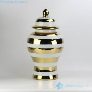 RYRJ16-B      Glossy golden stripe pattern white background ceramic ginger jar for exotic interior design