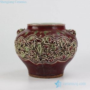 RZBE10    Antique hand carved floral design red ceramic urn