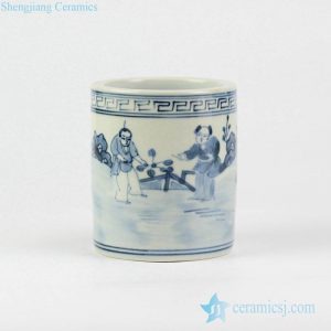 RZIQ01-E    Vanity blue and white hand paint ancient China farmer sowing pattern porcelain pen holder