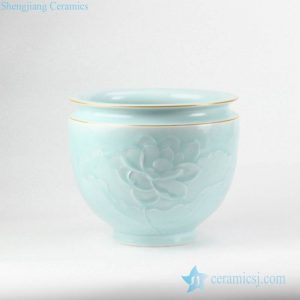 RZJR11     Golden line rim elegant  mint green glaze carved lotus pattern ceramic flower pot