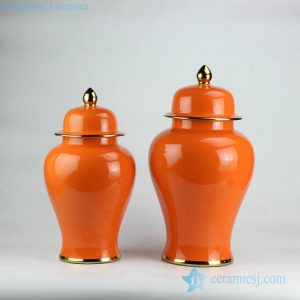 RYKB132-j-A      Clementine yellow glaze glossy ceramic pair jar with gold pleated line