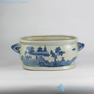 RYVM31-OLD       Antique finish blue and white hand paint Chinese  gloriette pattern ceramic orchid planter