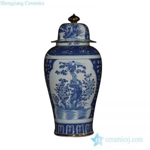 RYLU43-B       Oriental blue and white golden line pair birds pattern hand paint exquisite tall ceramic jar with lid