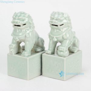 RYXP02-e      Celadon cream light green color fairy ancient porcelain lions display sculpture