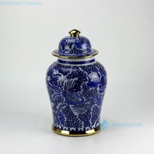 RZCM05-GOLD       Golden line pleated hand paint phoenix pattern gallery display high quality ceramic jar