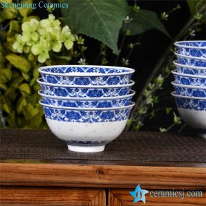RZHX01-B      Blue and white Asian rustic home style floral  lacework hand carving transparent rice pattern porcelain lunch bowl
