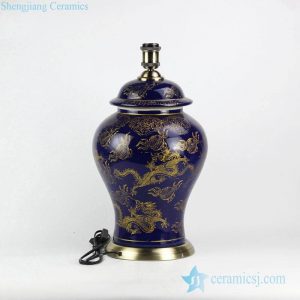 DS100-RYRJ15      Home furniture golden Asian dragon cobalt blue color ceramic reading lamp