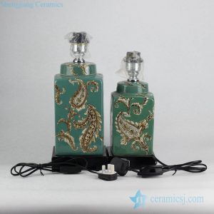 DS95-RZKQ02         Set of two green glaze fern pattern moroccan style fancy pottery table lamp