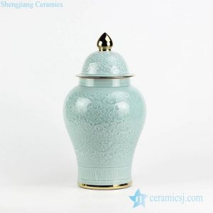 RYMA97-B         Golden rim carved lotus pattern celadon glaze porcelain ginger jar