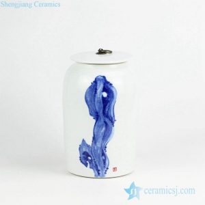 RYNQ230       Blue and white hand paint fancy stone pattern rockery ceramic jar with metal ring lug
