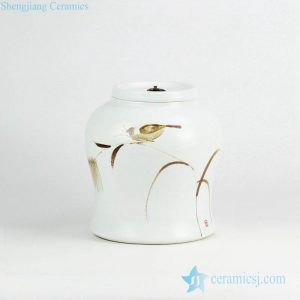 RYNQ233     Brown bird and reed pattern hand paint medium size ceramic jar with metal ring