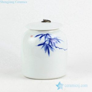 RYNQ234       Oriental hand draft bamboo pattern porcelain jar with brass ring lug