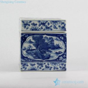 RYUK30 Jingdezhen hand painted blue and white landscape pattern square ceramic tissue box