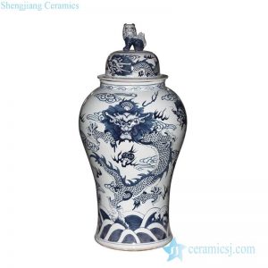 RYWY06-B         Lion knob  grandeur blue and white hand draft lion pattern tall ceramic ginger jar