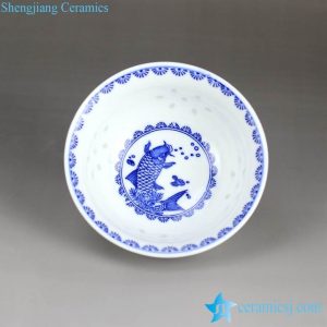 RZHX01-E     Blue and white carp pattern score translucent rice  pattern porcelain bowl