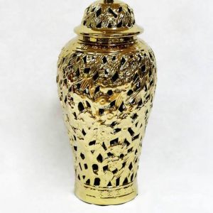 RZKA171005        Hollow out design carved floral and leaves gold ceramic temple jar