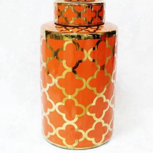 RZKA171082         Dark orange and gold clubs pattern glossy porcelain storage jar