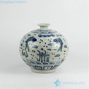 RZKY02       Antique blue and white couple carp pattern pomegranate shape porcelain vase