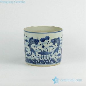 RZKY05-C        Double carp pattern vintage hand paint blue and white tubular ceramic vase
