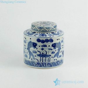 RZKY08     Flat lid blue and white couple fish hand drawing porcelain coffee bean container jar