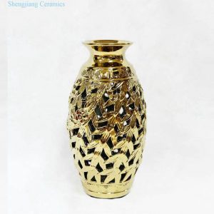 RZKA171018    Carved out golden leaves ceramic vase